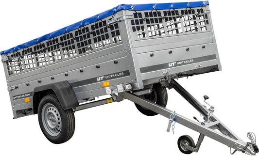 Pkw Transport Anhänger 230x125 Garden Trailer 230 KIPP mit Laubgitteraufsatz, blauer Flachplane, Planenträgern und Stützrad