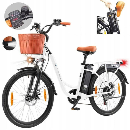 Robustes TTGO YY-26ST City-E-Bike Trekking E-Bike 26" mit 75 km Reichweite -250W Scheibenbremsen,6-Gang Shimano - Ideal für den urbanen Alltag Weiß
