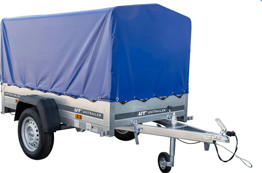 Anhänger Garden Trailer 200 KIPP 200x106 cm 750 kg - Mit Hochspriegel, blauer Hochplane und Stützrad